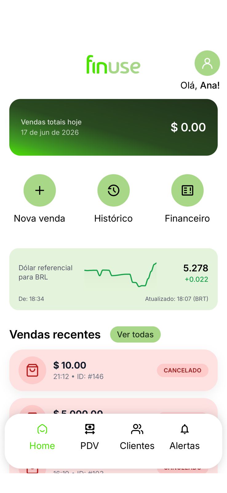 App Finuse Pago, tela inicial com saldo e faturamento